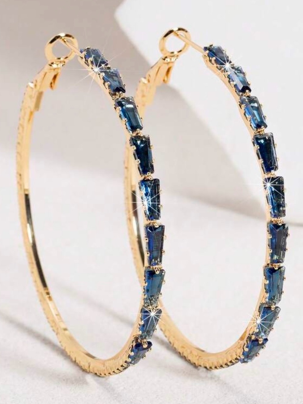NWOT Gold Hoop Earrings with Blue Crystal Accents